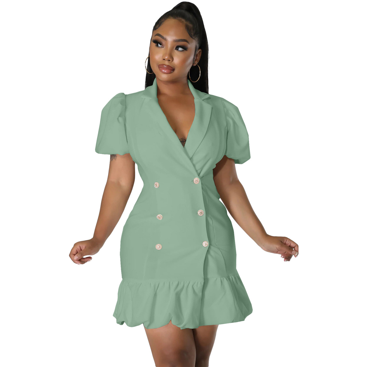 Women's Suit Collar Puff Sleeves Solid Color Fishtail Dress - Image 4