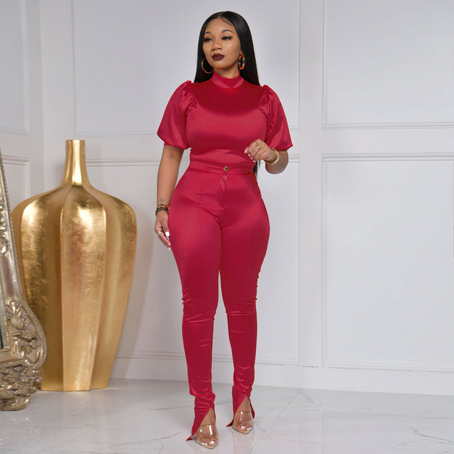 Women's Solid Color Short Sleeve Top High Waist Pants Two-piece Set - Image 2