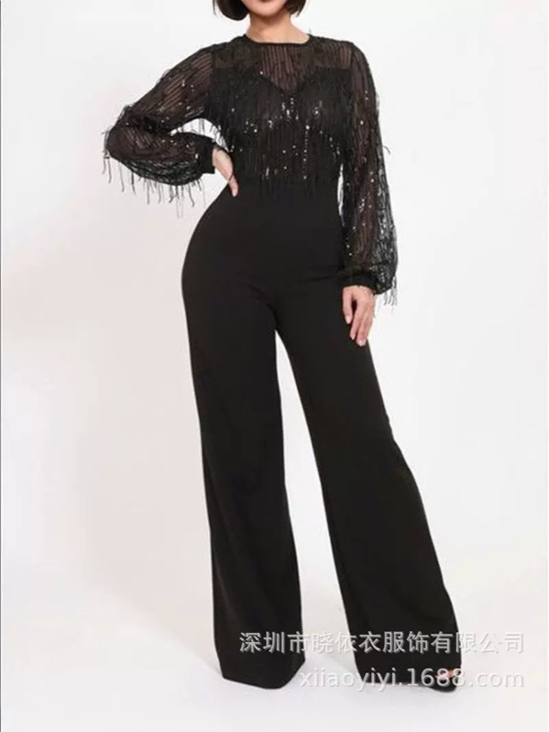 Women's Round Neck Sequined Tassel Black Jumpsuit - Image 2