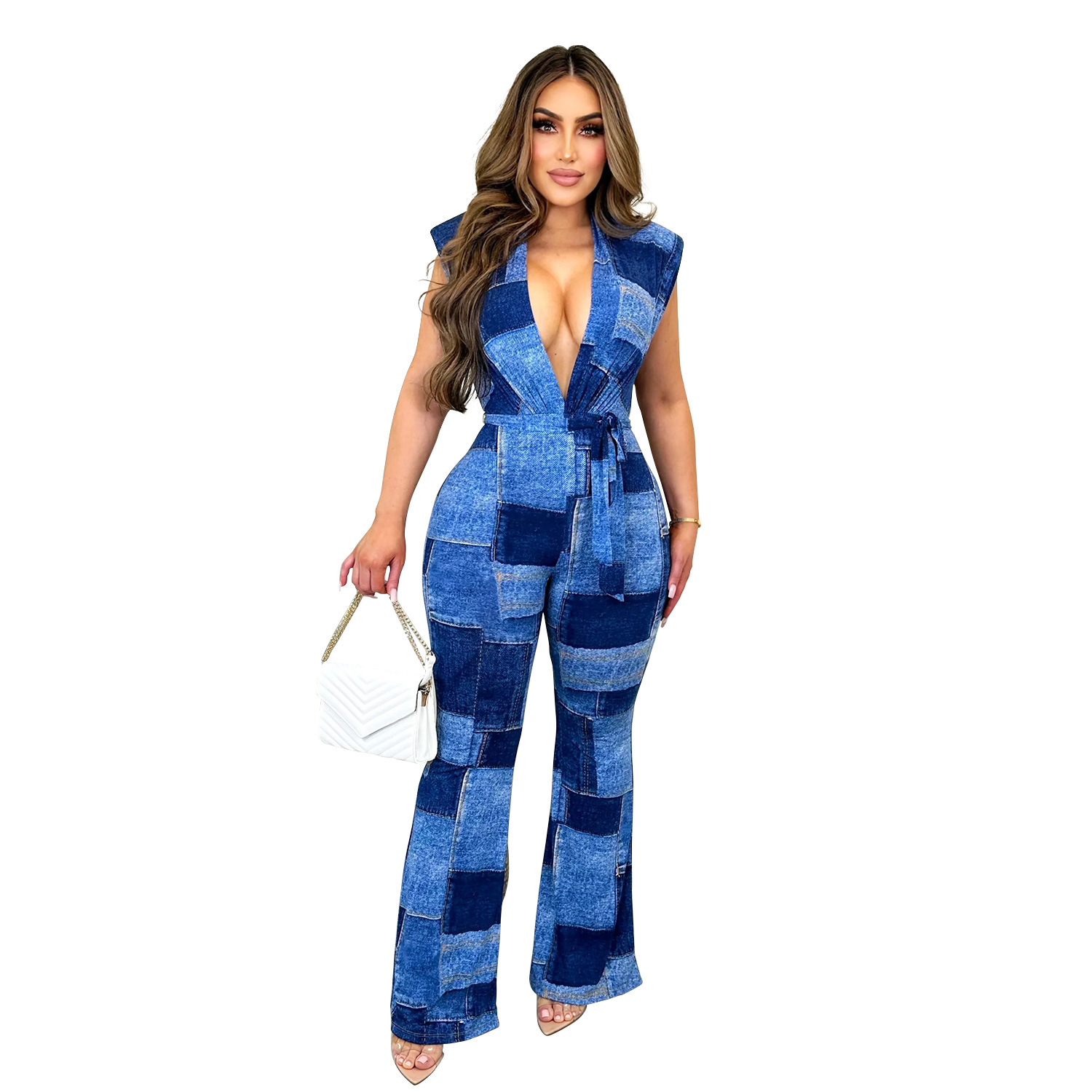 Women's Fashion Denim Printed Lace-Up Sleeveless Pants Jumpsuit - Image 4