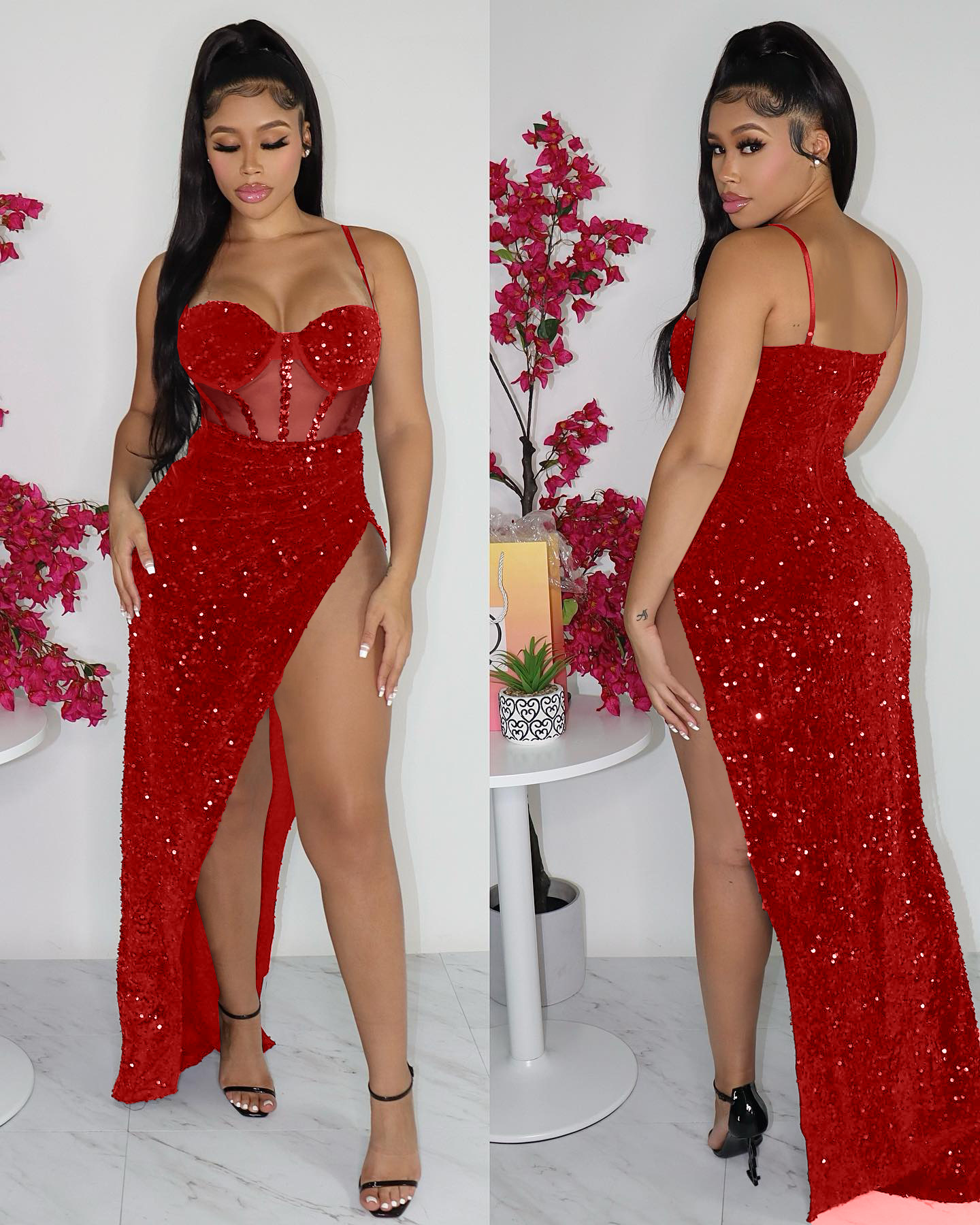 Women's Solid Color Sequins Mesh Sexy Cocktail Dress - Image 2