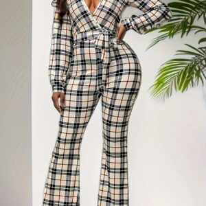 Women's Plaid V-Neck Bandage Long Sleeve Elegant Jumpsuit