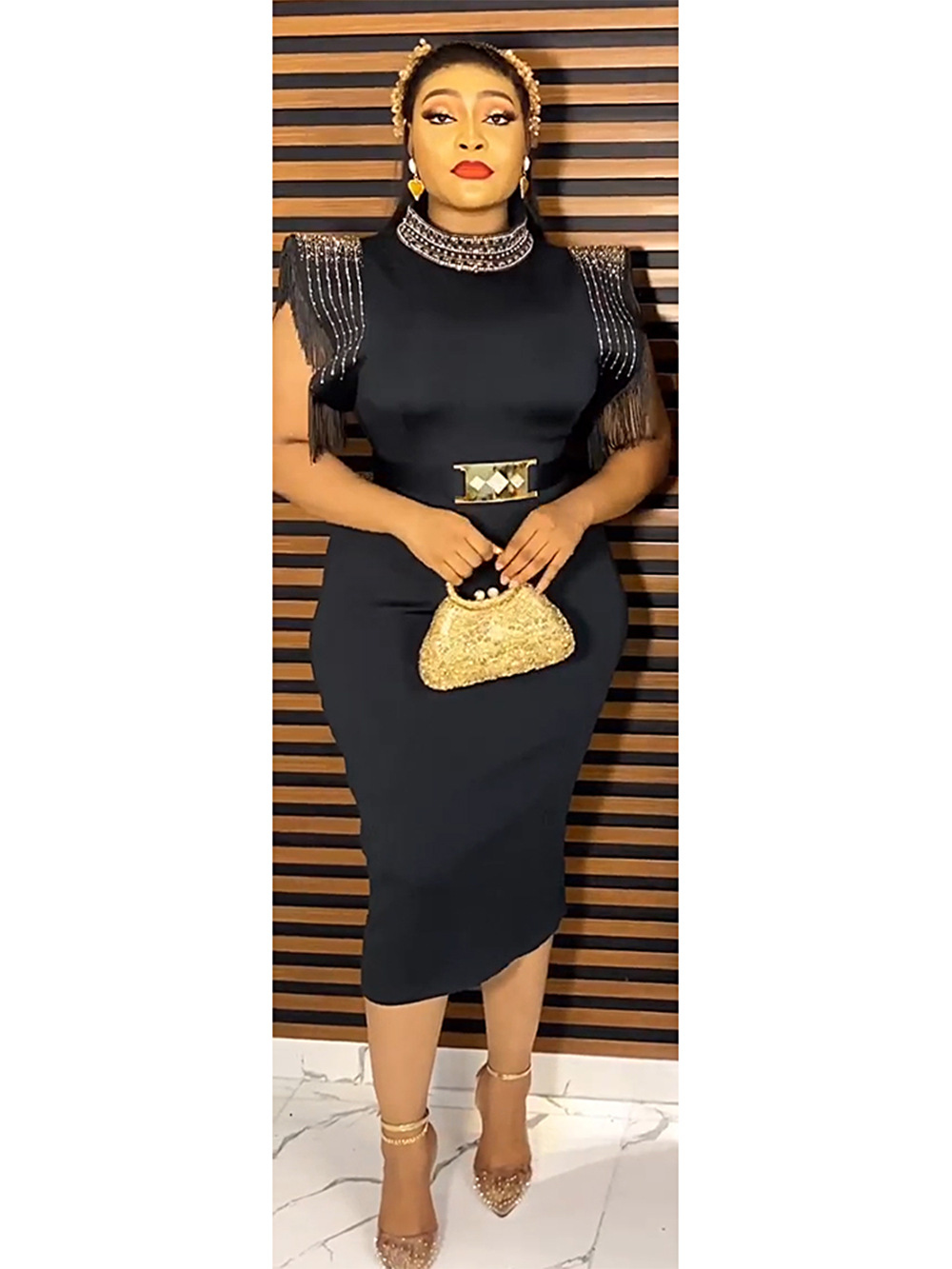Women's Plus Size Short Sleeve Beads Tassel High Waist Sheath Party Dress - Image 3