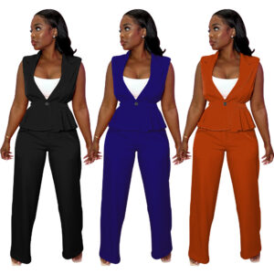 Women's Plain Pleat Sleeveless Blazer & Pants Two-piece Set
