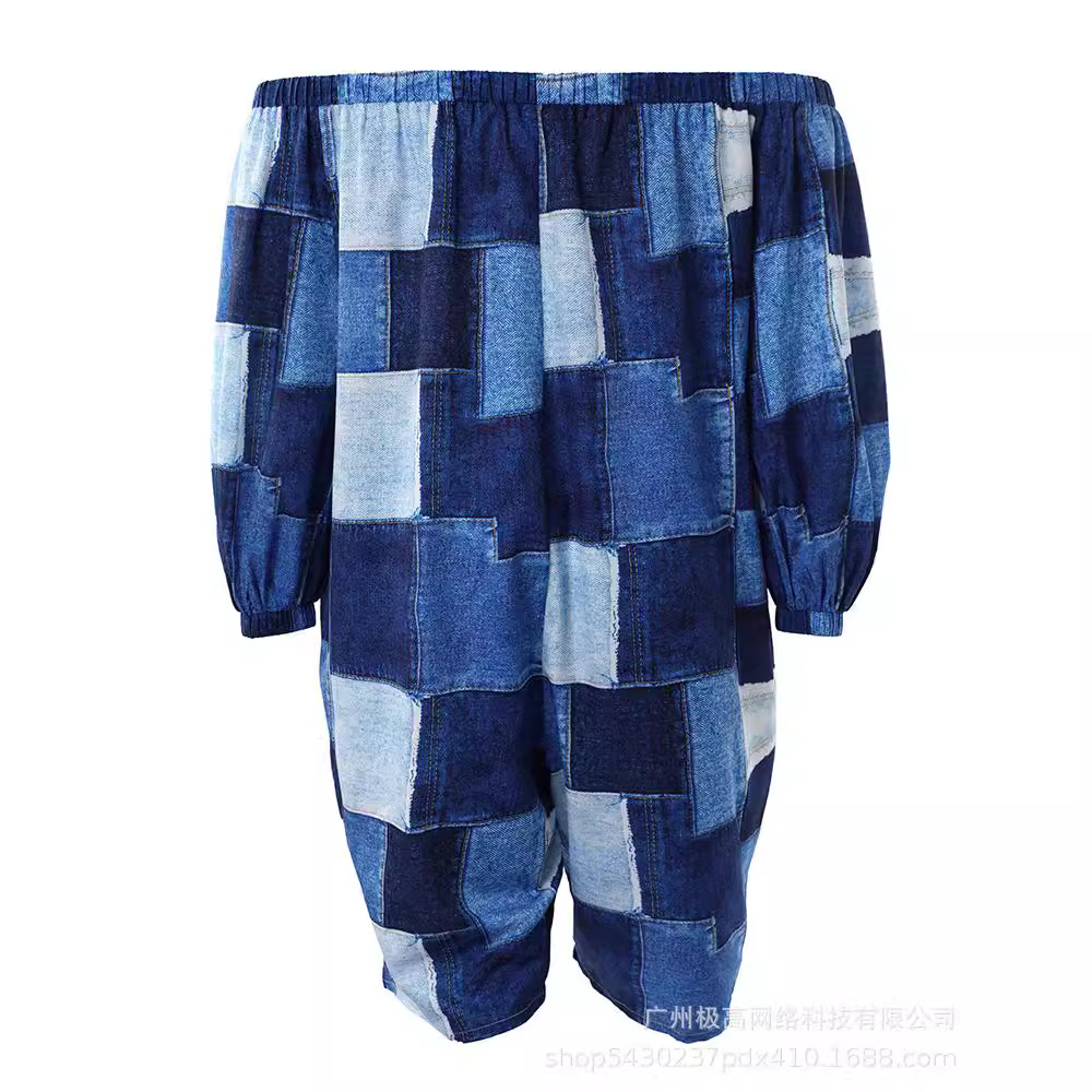 Plaid Off Shoulder Lantern Sleeve Short Jumpsuit - Image 5