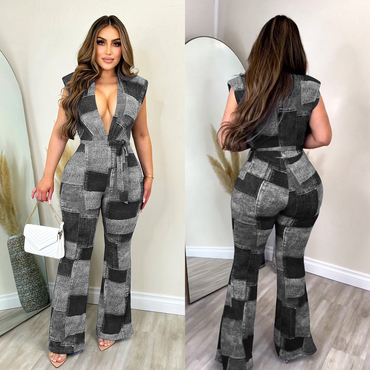 Women's Fashion Denim Printed Lace-Up Sleeveless Pants Jumpsuit - Image 3