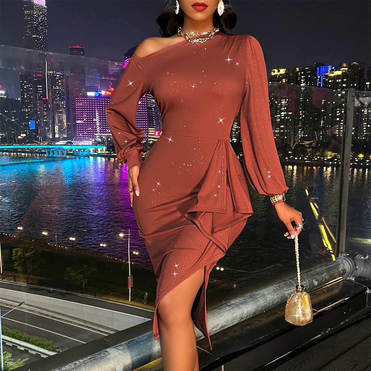 Plain Wryshoulder Long Sleeve Split Elegant Dress