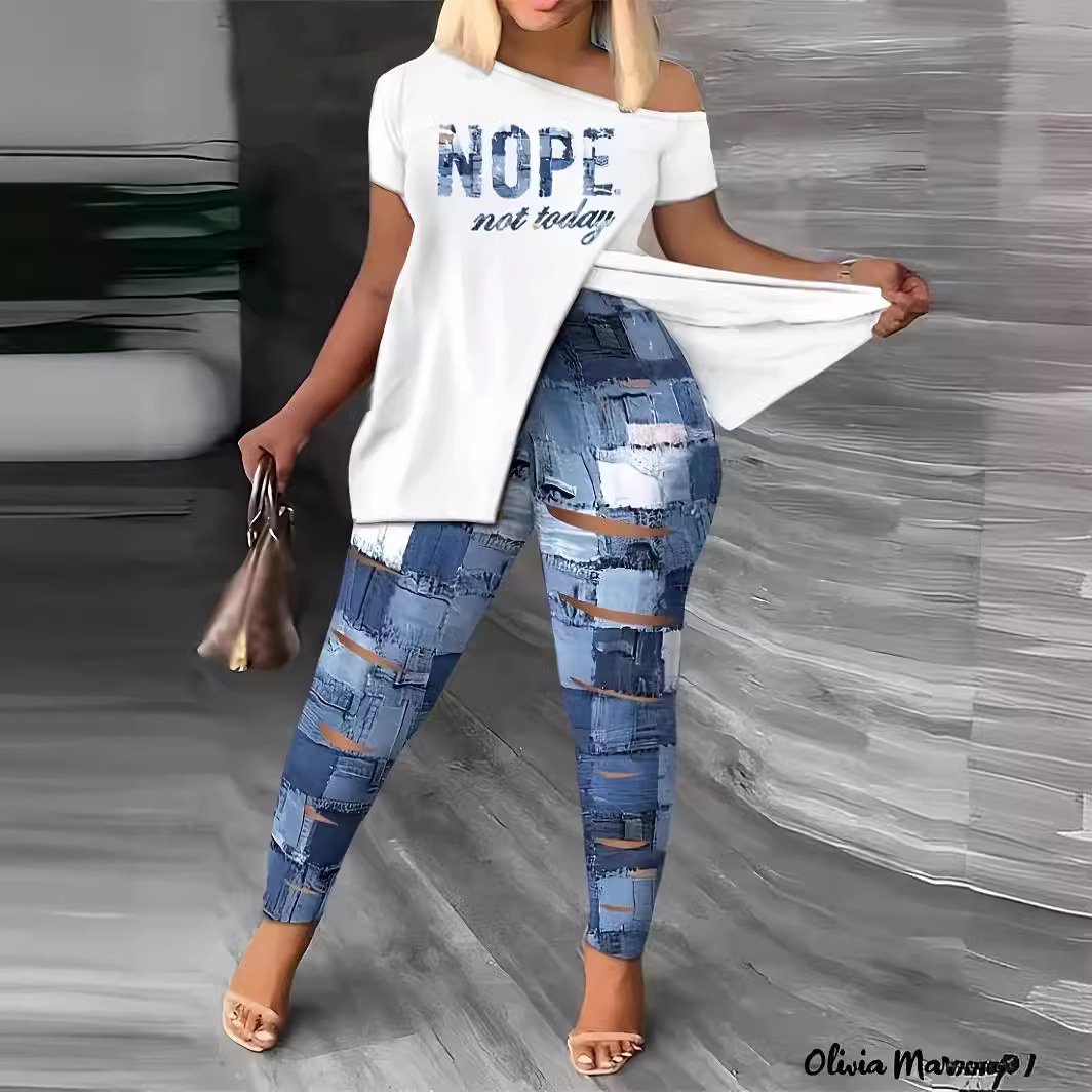 Women's Letter Printed Off-shoulder Short-sleeved Top And Pants Set - Image 4