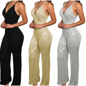 Plain Vest V-Neck Sleeveless Sequin High Waist Jumpsuit